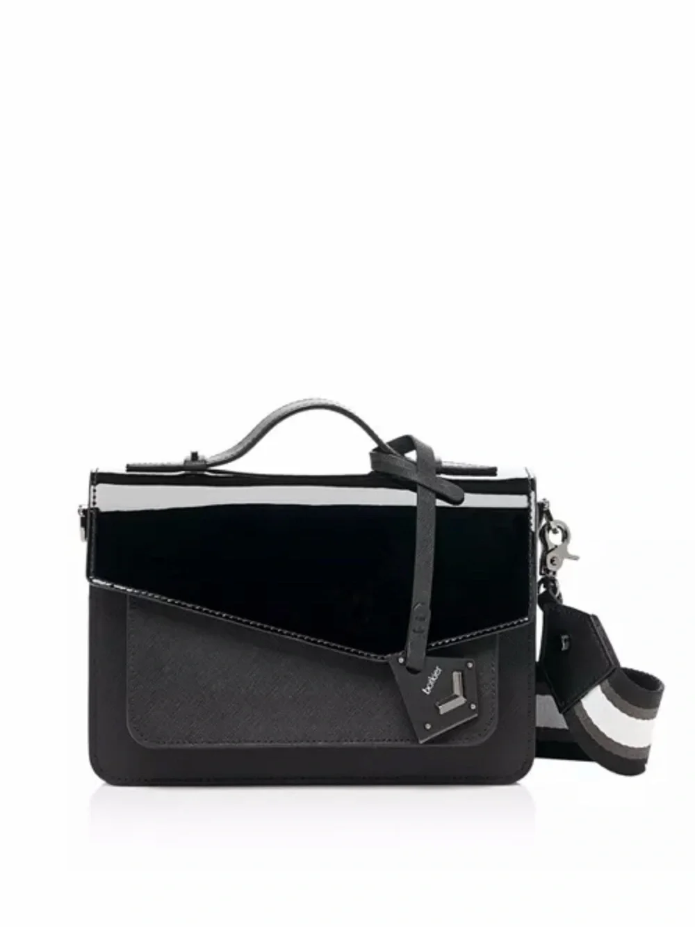 Botkier Black Patent & Textured Black Crossbody Satchel with Striped Strap